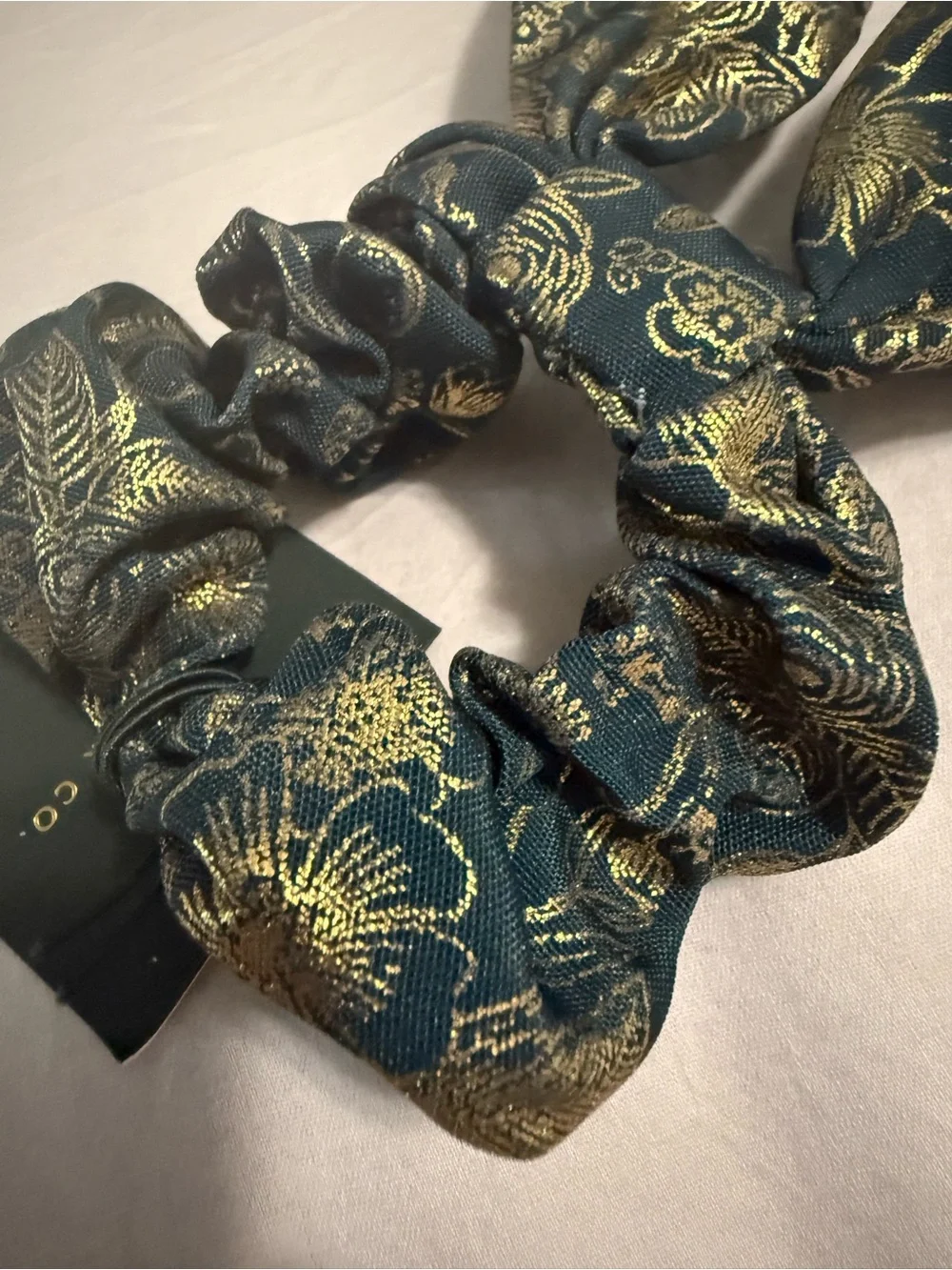 NWT Rifle Paper Co Hair Scrunchie / Bow Deep Green and Gold Floral